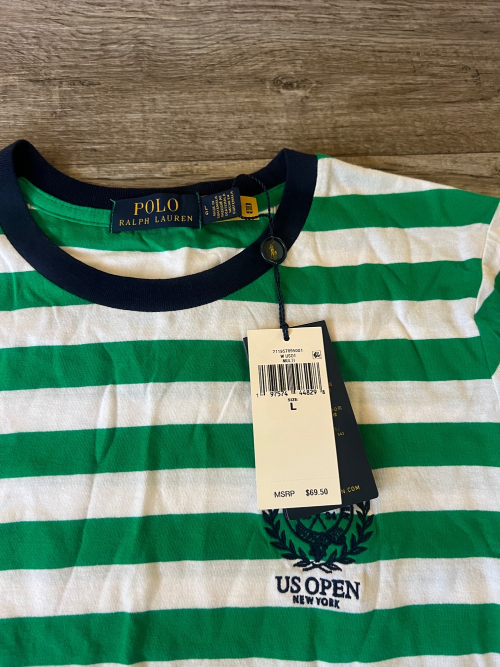 Ralph Lauren US Open Striped Cotton Jersey Tee Green White - Picture 3 of 4